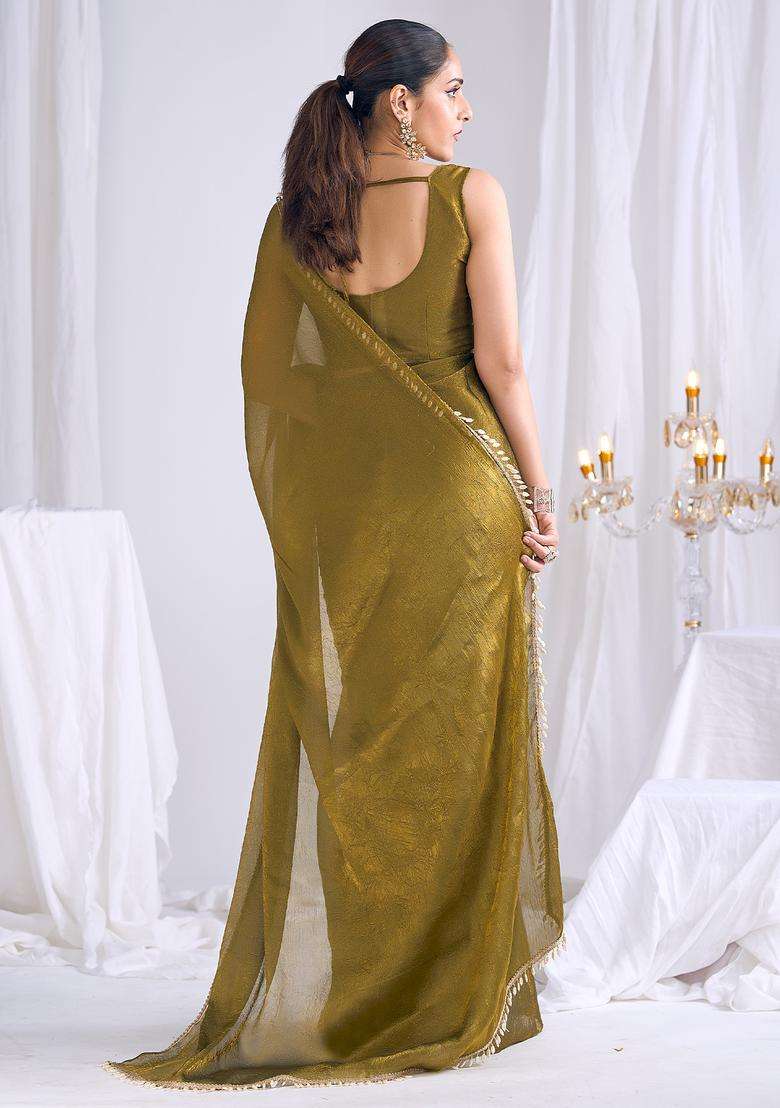 Olive Embellished Silk Saree Set for Diwali and Festive Wear - Indya