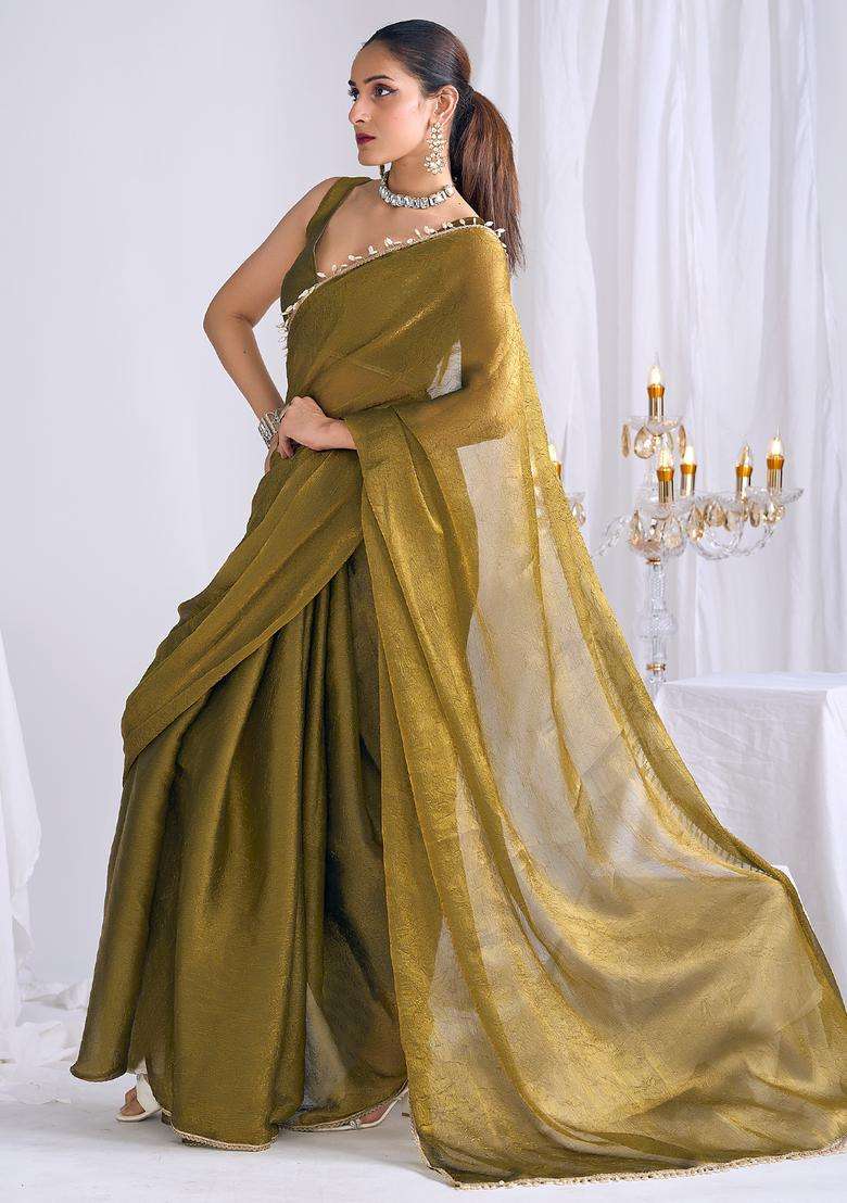 Olive Embellished Silk Saree Set for Diwali and Festive Wear - Indya