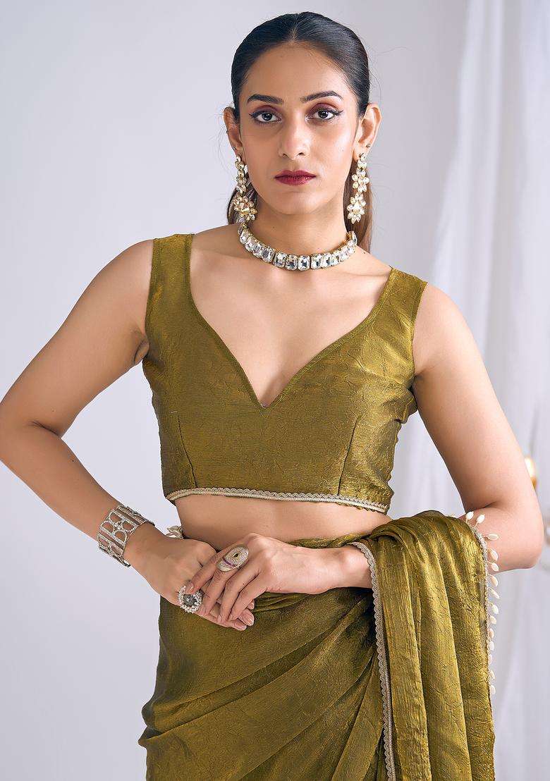 Olive Embellished Silk Saree Set for Diwali and Festive Wear - Indya