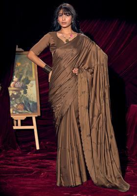 Coffee Brown Embellished Silk Saree Set
