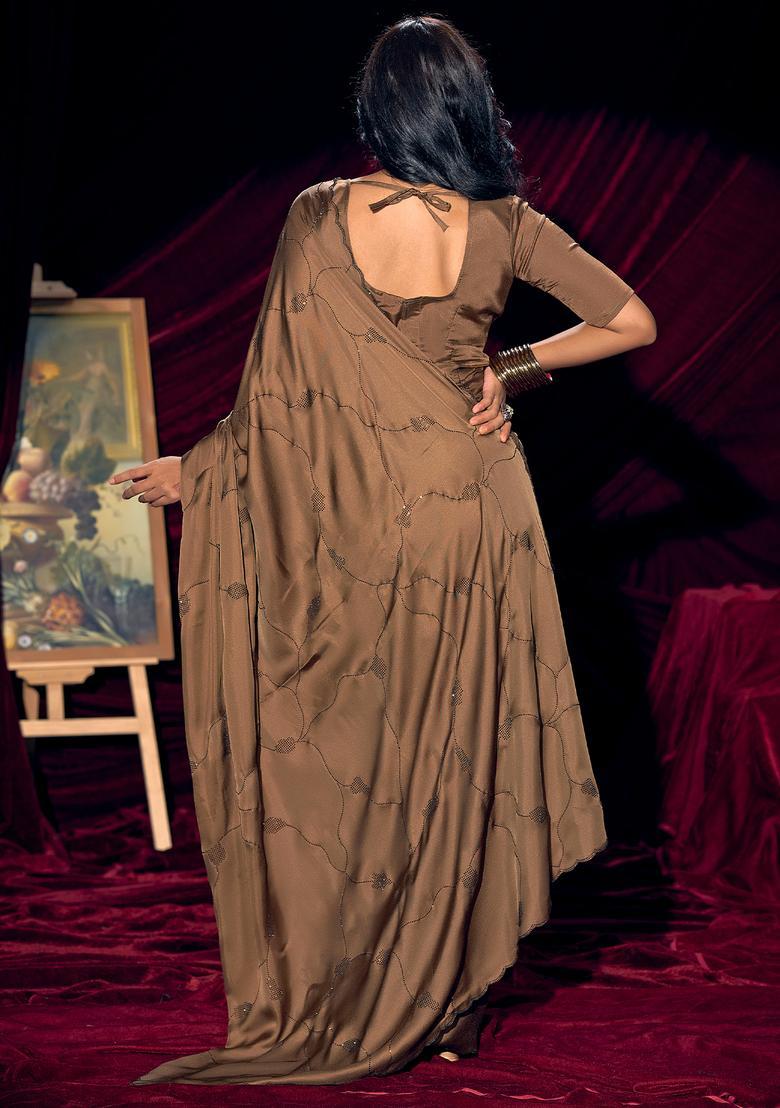 Coffee Brown Embellished Silk Saree Set - Indya