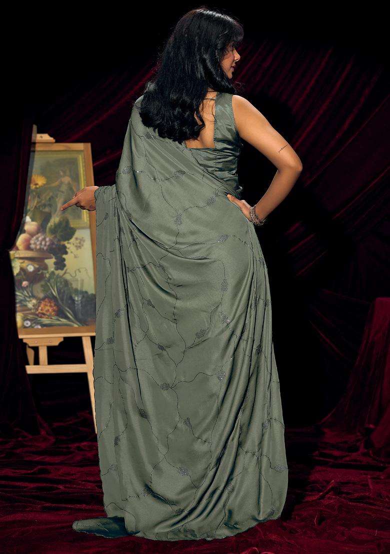 Olive Embellished Silk Saree Set for Diwali and Festive Wear - Indya