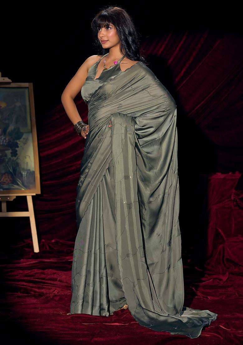 Olive Embellished Silk Saree Set for Diwali and Festive Wear - Indya