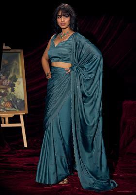 Teal Blue Embellished Silk Saree Set