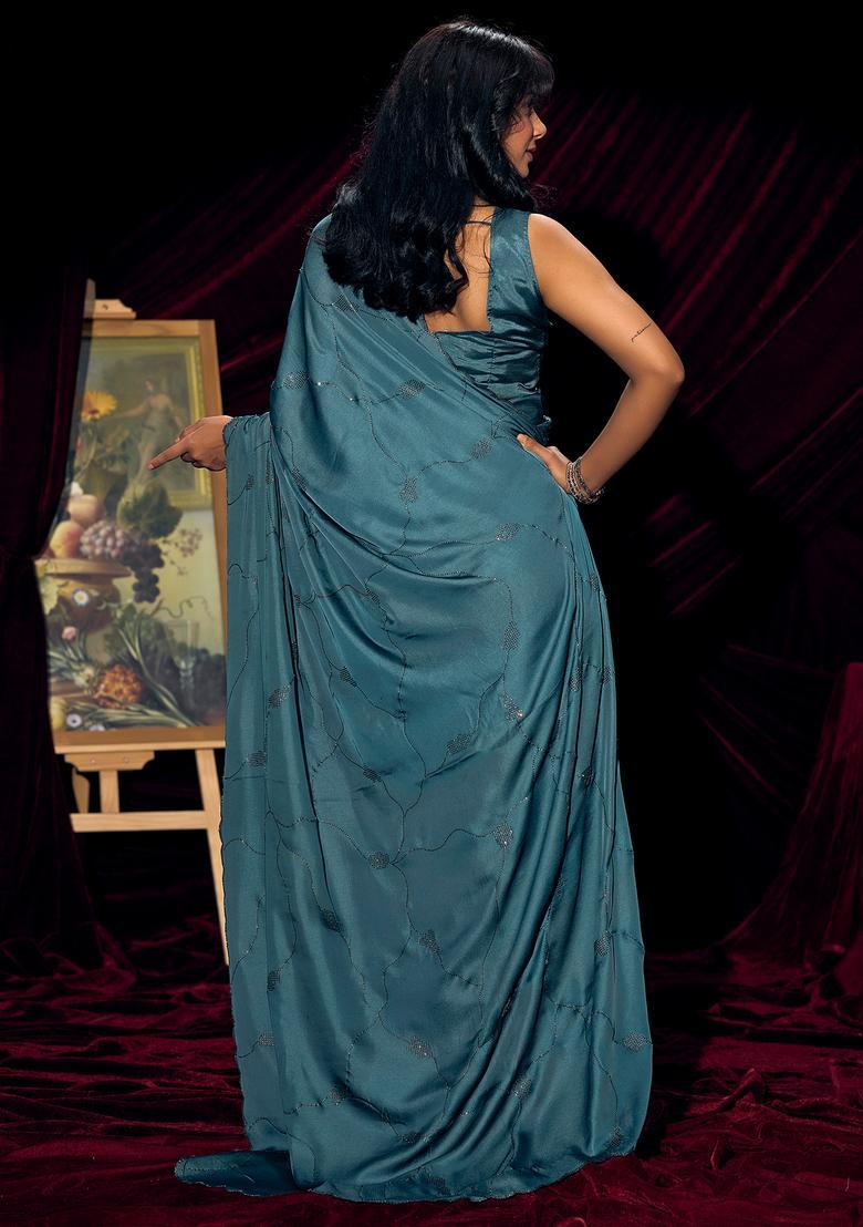 Teal Blue Embellished Silk Saree Set - Indya