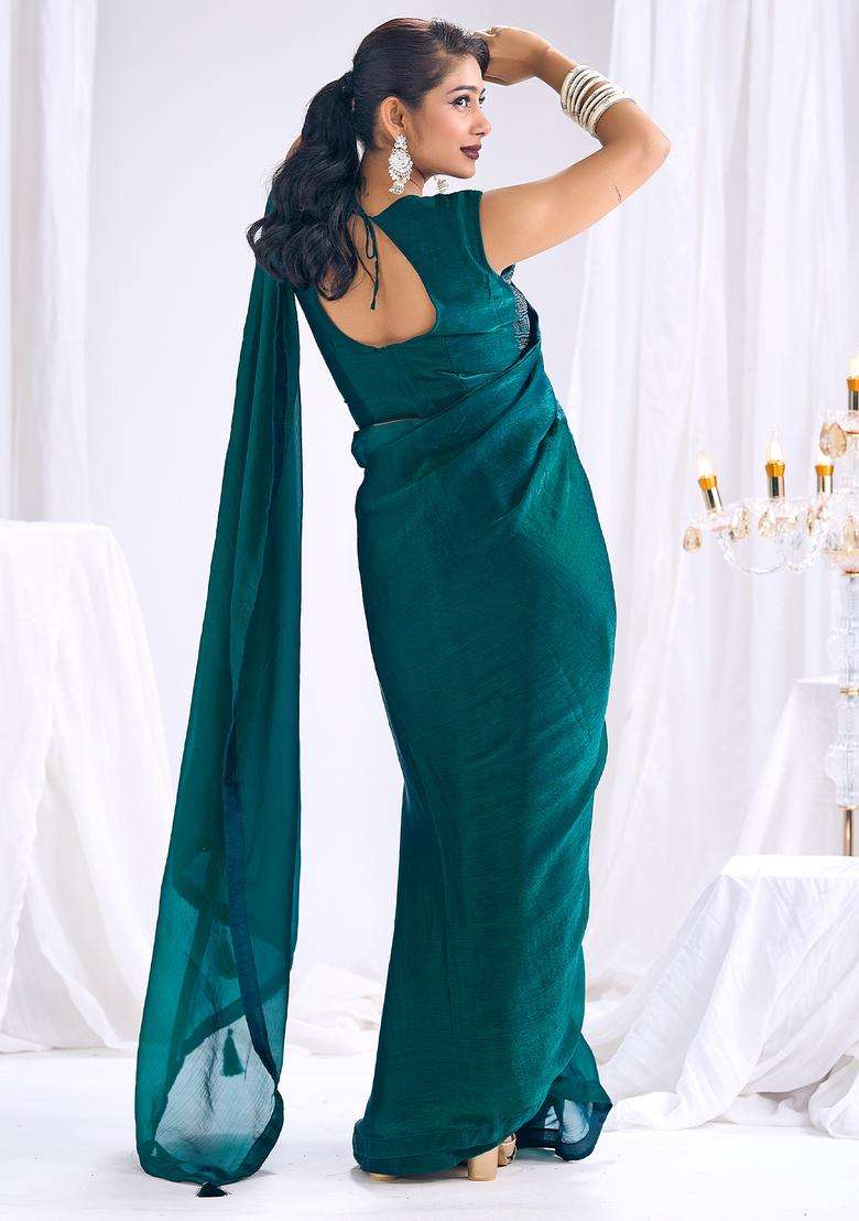 Teal Green Solid Silk Saree Set for Diwali and Festive Wear - Indya