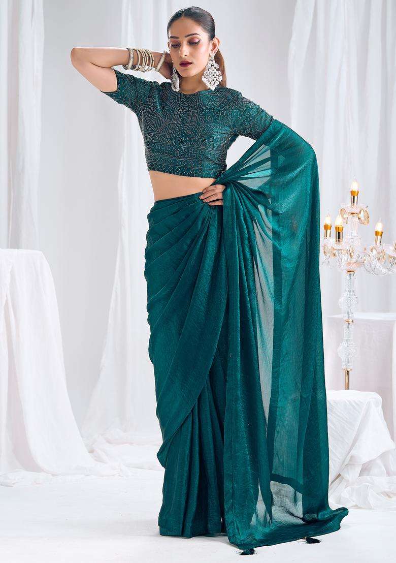 Teal Green Solid Silk Saree Set for Diwali and Festive Wear - Indya