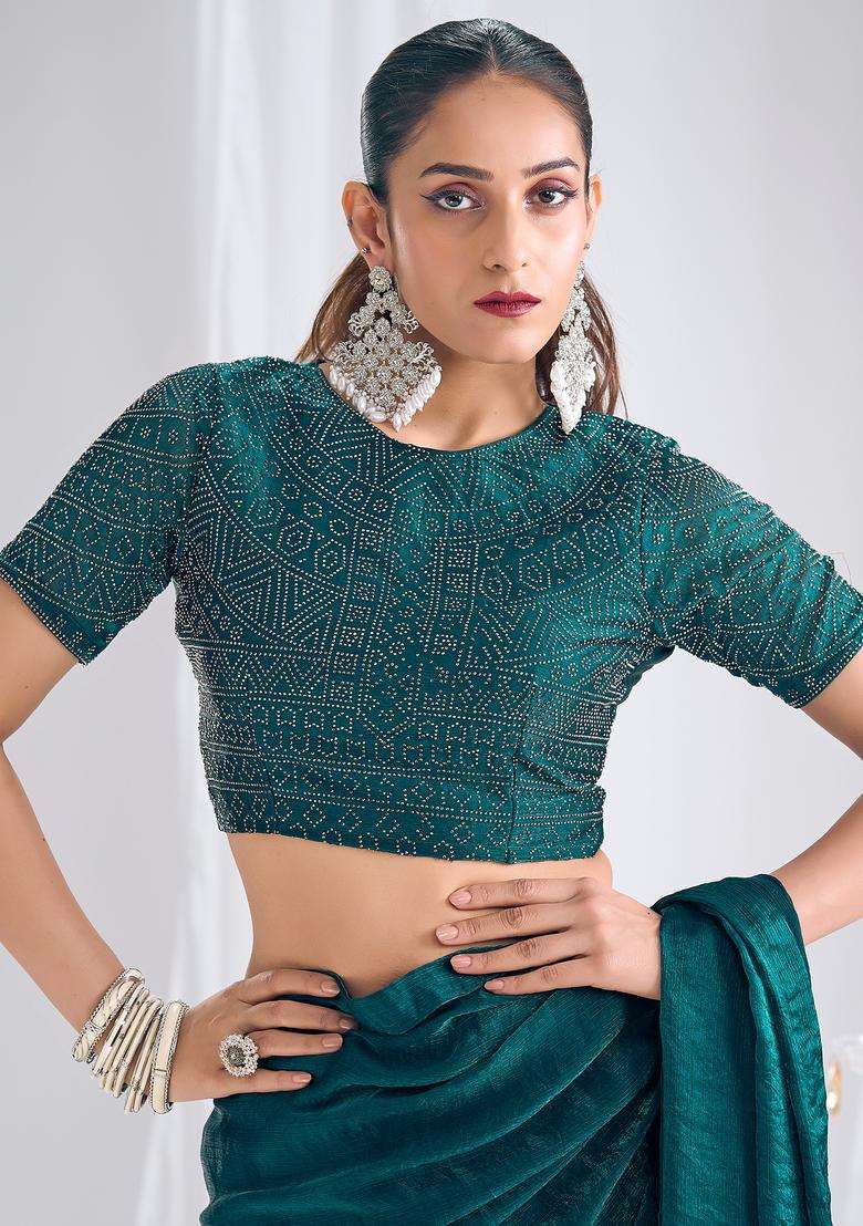 Teal Green Solid Silk Saree Set for Diwali and Festive Wear - Indya