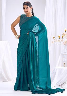 Teal Blue Solid Silk Saree Set