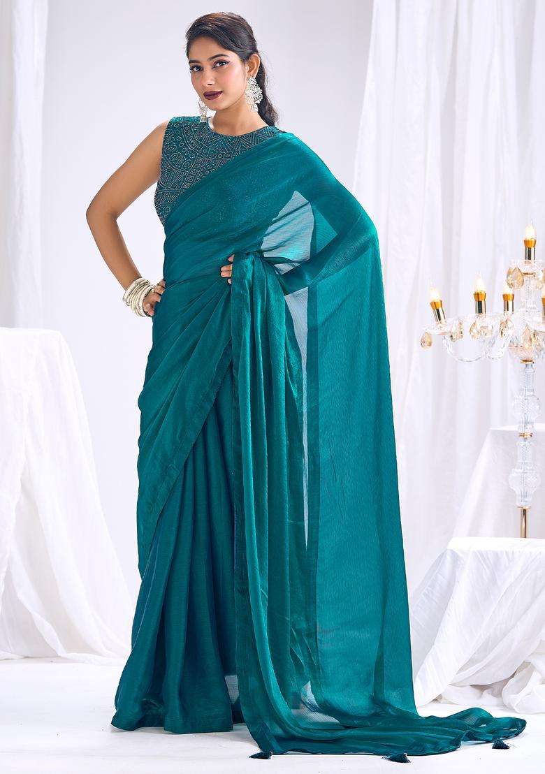 Teal Blue Solid Silk Saree Set for Diwali and Festive Wear - Indya