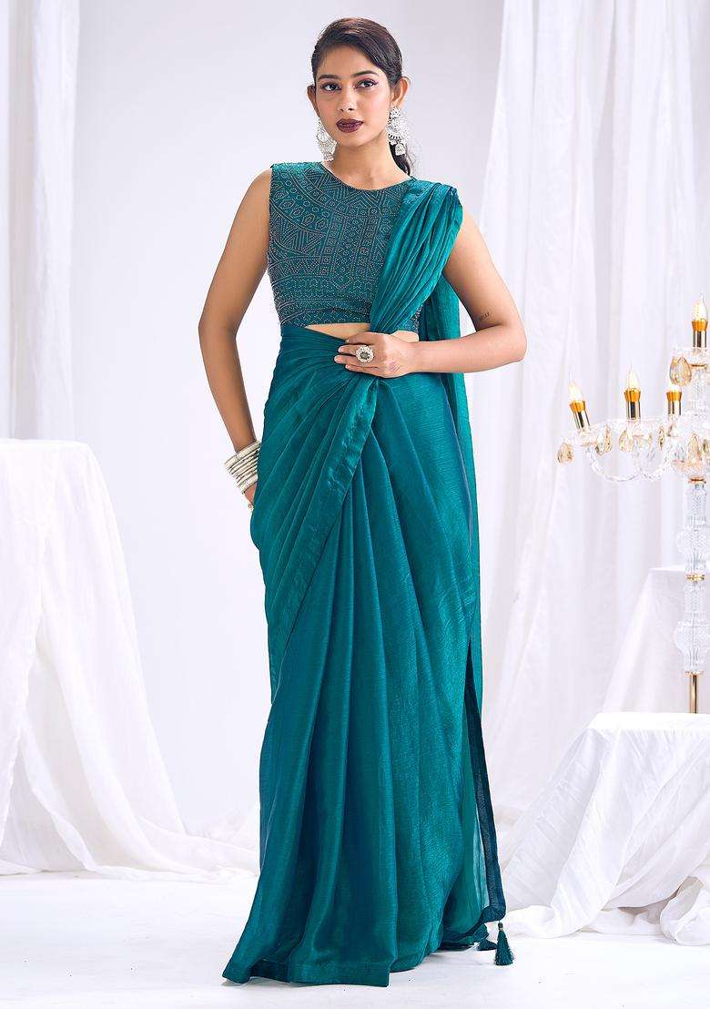 Teal Blue Solid Silk Saree Set for Diwali and Festive Wear - Indya