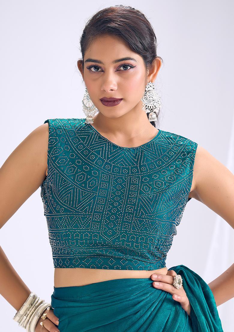 Teal Blue Solid Silk Saree Set - Indya