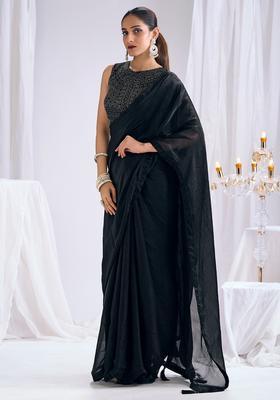 Black Solid Silk Saree Set