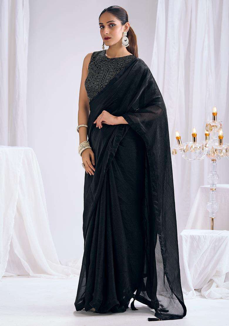 Black Solid Silk Saree Set for Diwali | Wedding & Festive Wear - Indya
