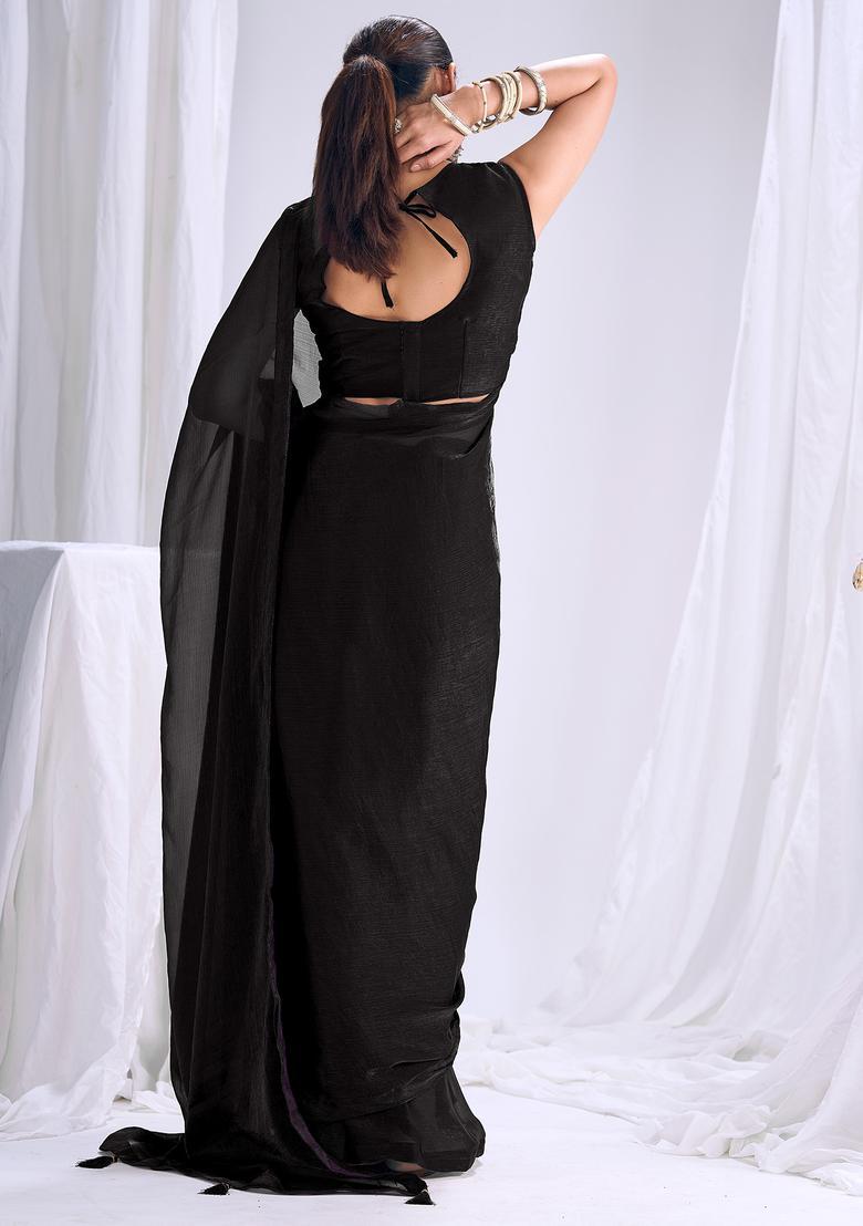 Black Solid Silk Saree Set - Indya