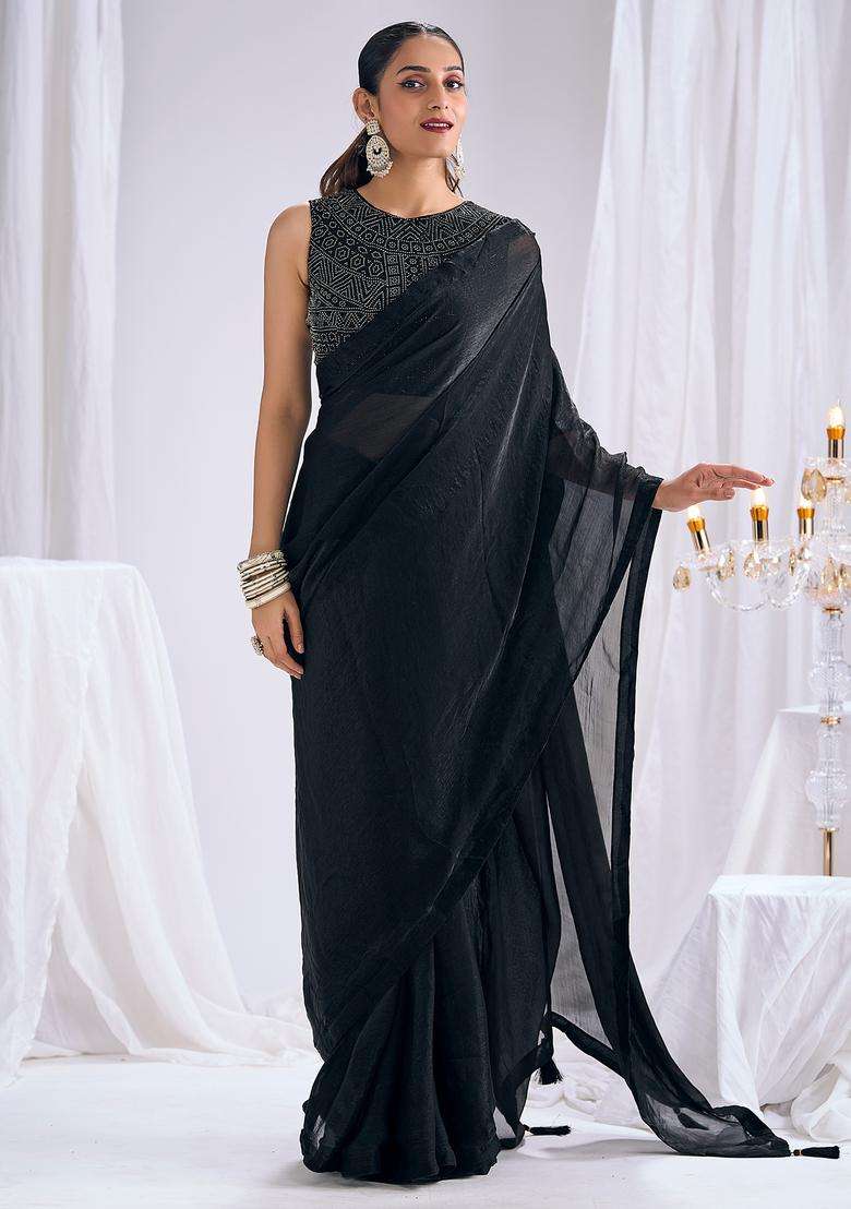 Black Solid Silk Saree Set for Diwali | Wedding & Festive Wear - Indya