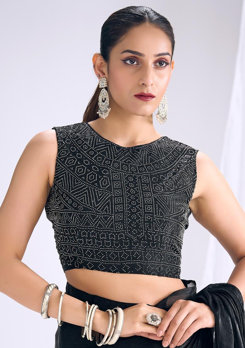 Black Solid Silk Saree Set - Indya