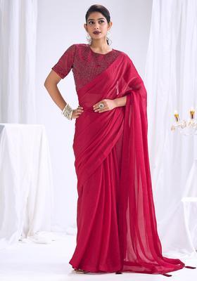Red Solid Silk Saree Set