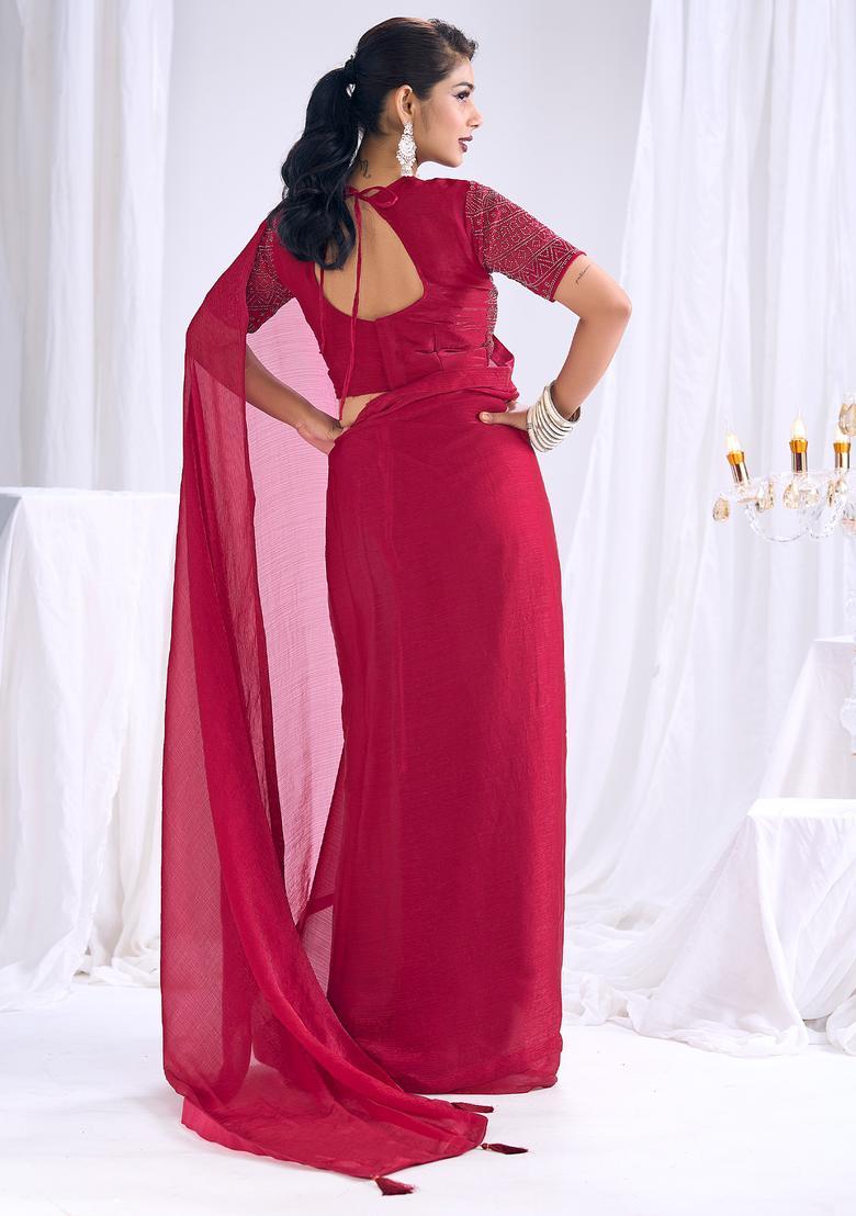 Red Solid Silk Saree Set - Indya