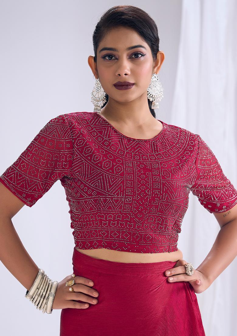 Red Solid Silk Saree Set - Indya