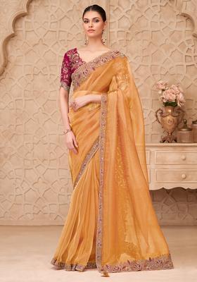 Mustard Embellished Georgette Saree Set