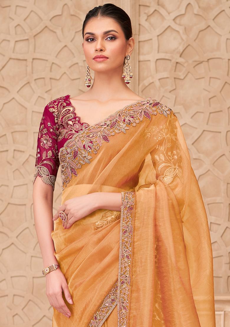 Mustard Embellished Georgette Saree Set - Indya