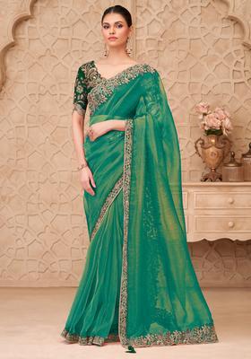 Teal Green Embellished Georgette Saree Set