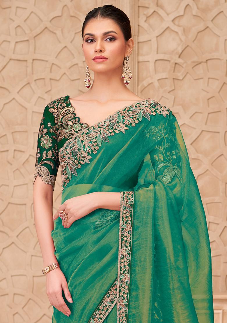 Teal Green Embellished Georgette Saree Set - Indya