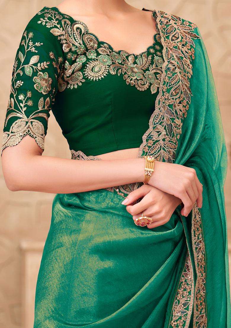 Teal Green Embellished Georgette Saree Set - Indya