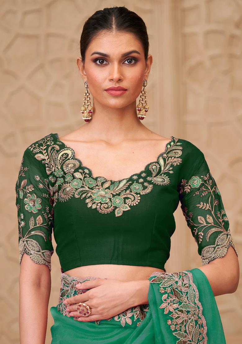 Teal Green Embellished Georgette Saree Set - Indya
