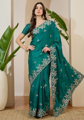 Teal Green Embellished Organza Saree Set