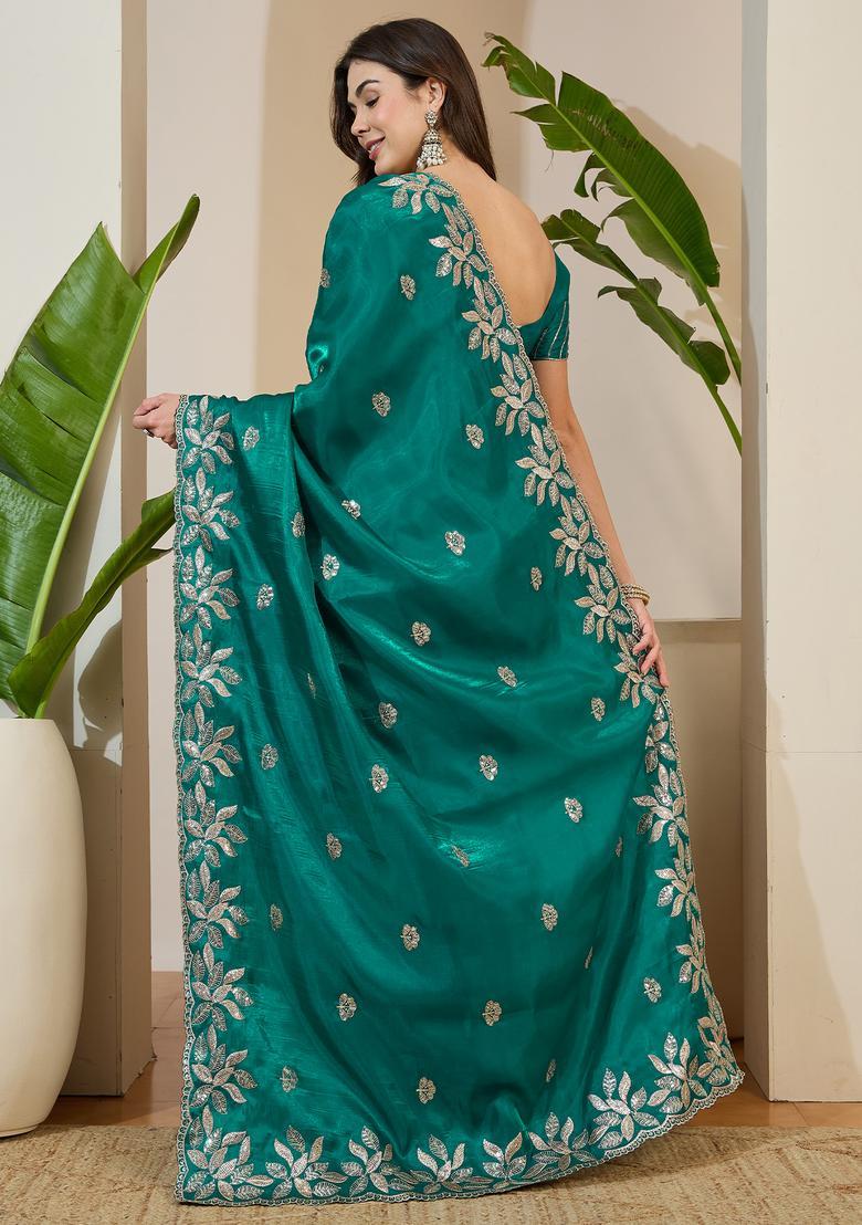 Teal Green Embellished Organza Saree Set - Indya