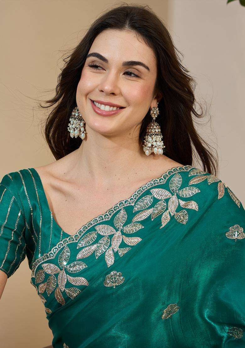 Teal Green Embellished Organza Saree Set for Diwali | Wedding & Festive Wear - Indya