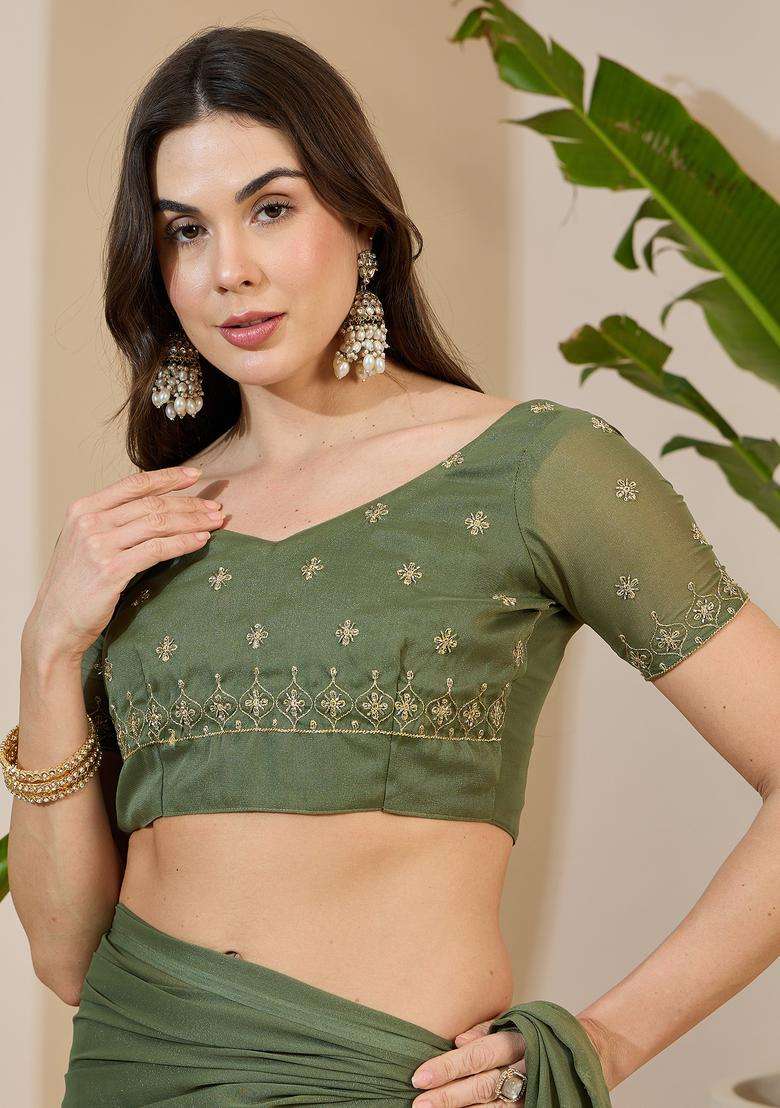 Olive Embellished Georgette Saree Set for Diwali | Wedding & Festive Wear - Indya