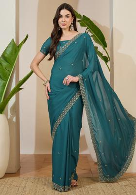 Teal Blue Embellished Georgette Saree Set