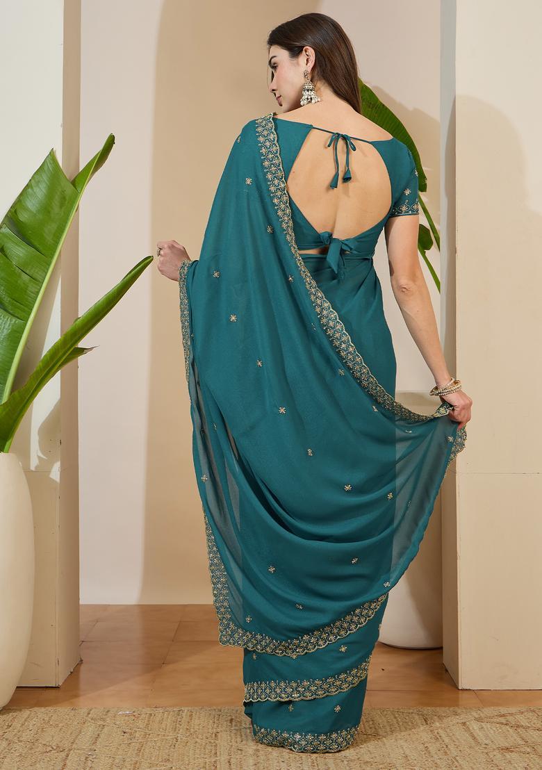 Teal Blue Embellished Georgette Saree Set - Indya