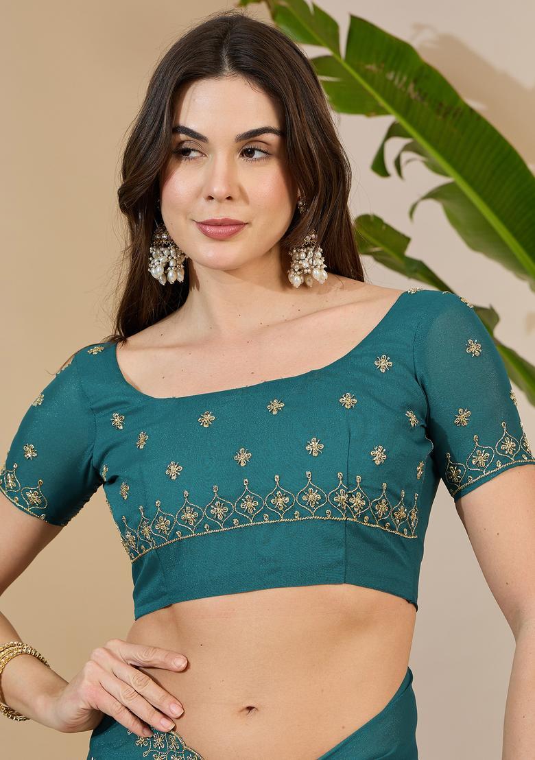 Teal Blue Embellished Georgette Saree Set - Indya