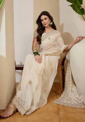 Off White Embroidery Georgette Saree Set