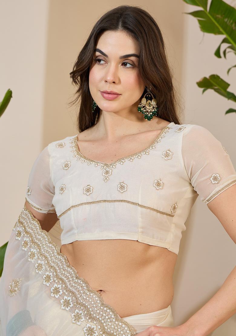 Off White Embroidery Georgette Saree Set - Indya
