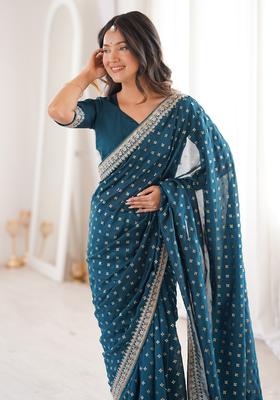 Teal Blue Embellished Silk Saree Set