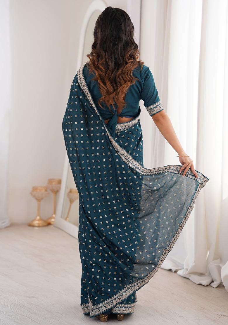 Teal Blue Embellished Silk Saree Set - Indya