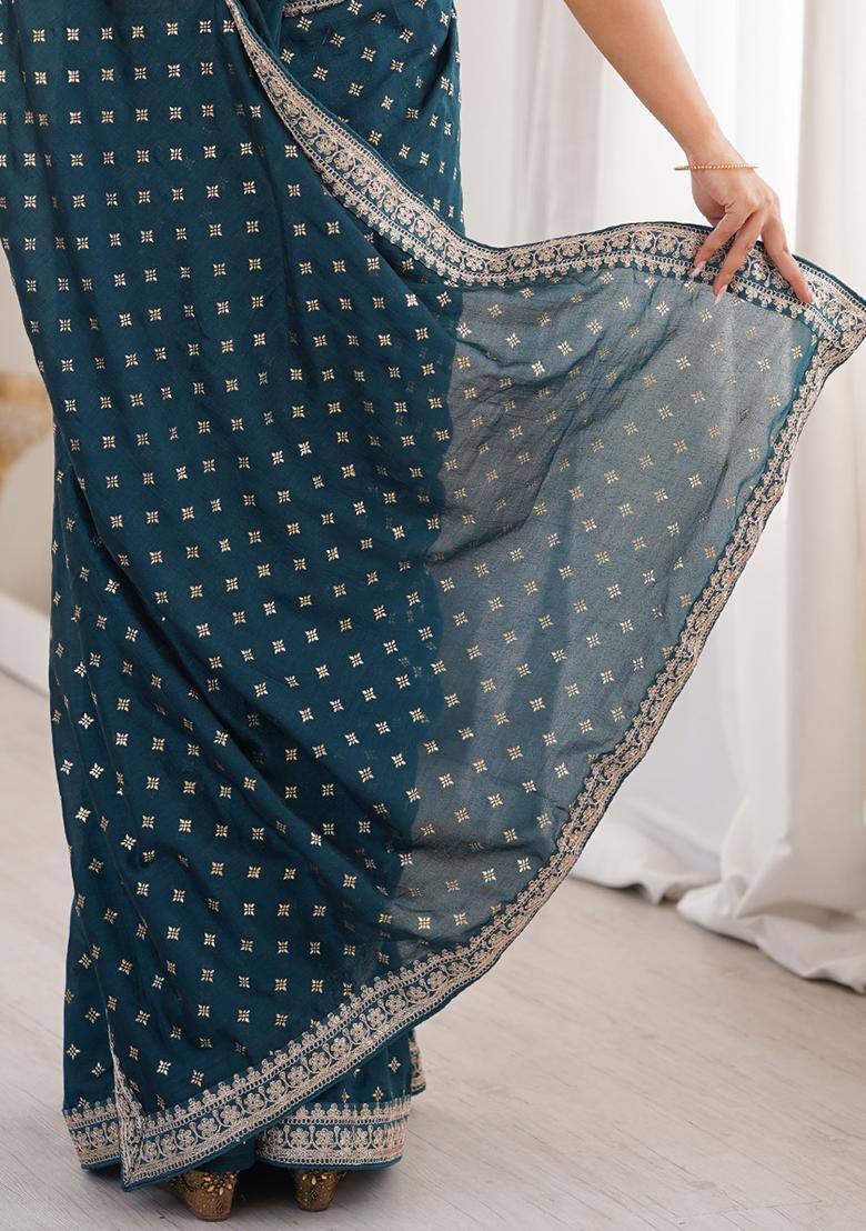Teal Blue Embellished Silk Saree Set - Indya