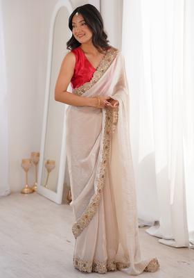 Off White Embellished Satin Saree Set
