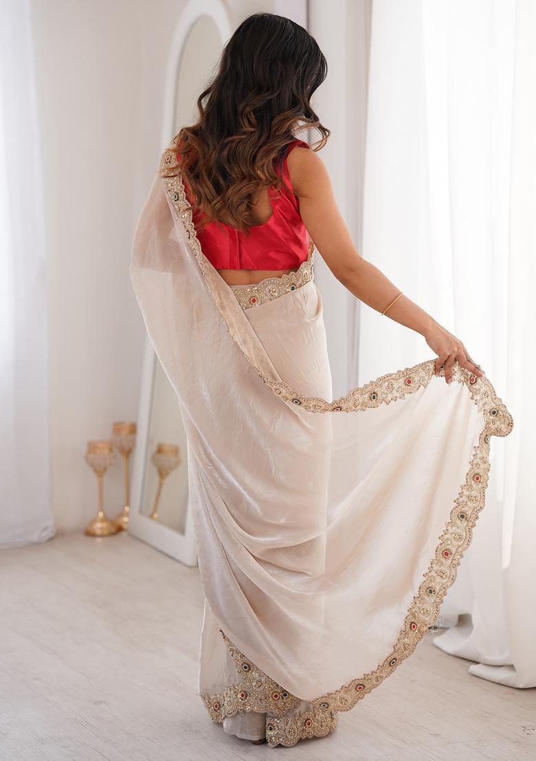 Off White Embellished Satin Saree Set - Indya