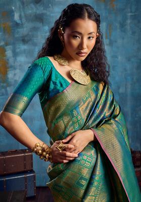 Teal Green Woven Design Silk Saree Set