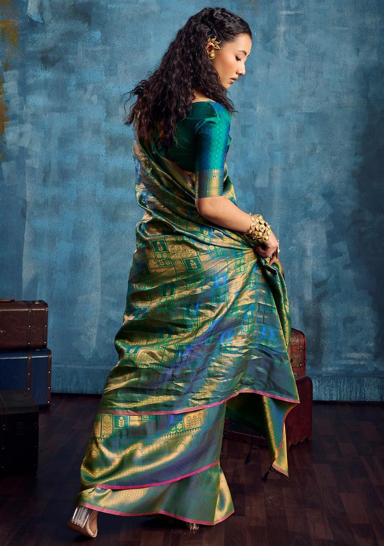 Teal Green Woven Design Silk Saree Set - Indya