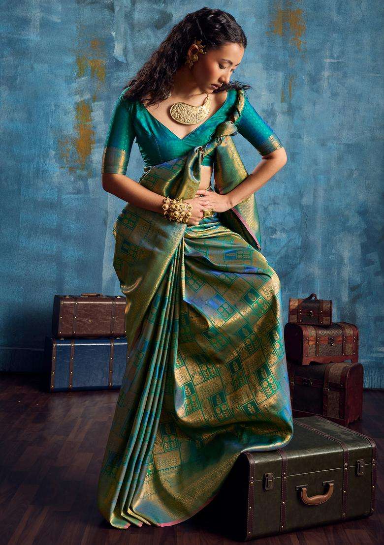Teal Green Woven Design Silk Saree Set for Diwali | Wedding & Festive Wear - Indya