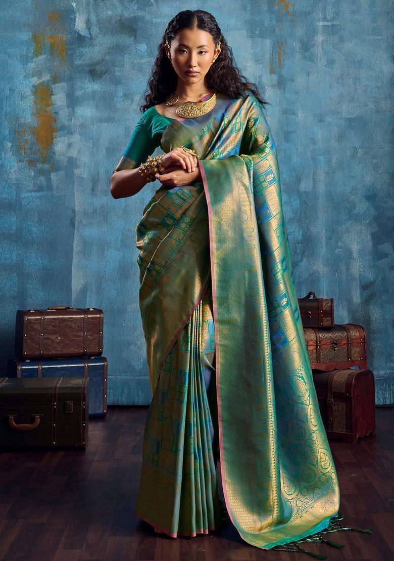 Teal Green Woven Design Silk Saree Set - Indya