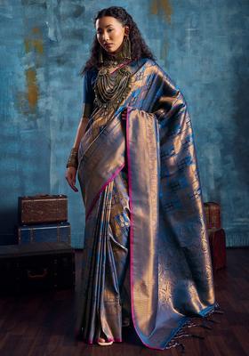 Blue Woven Design Silk Saree Set