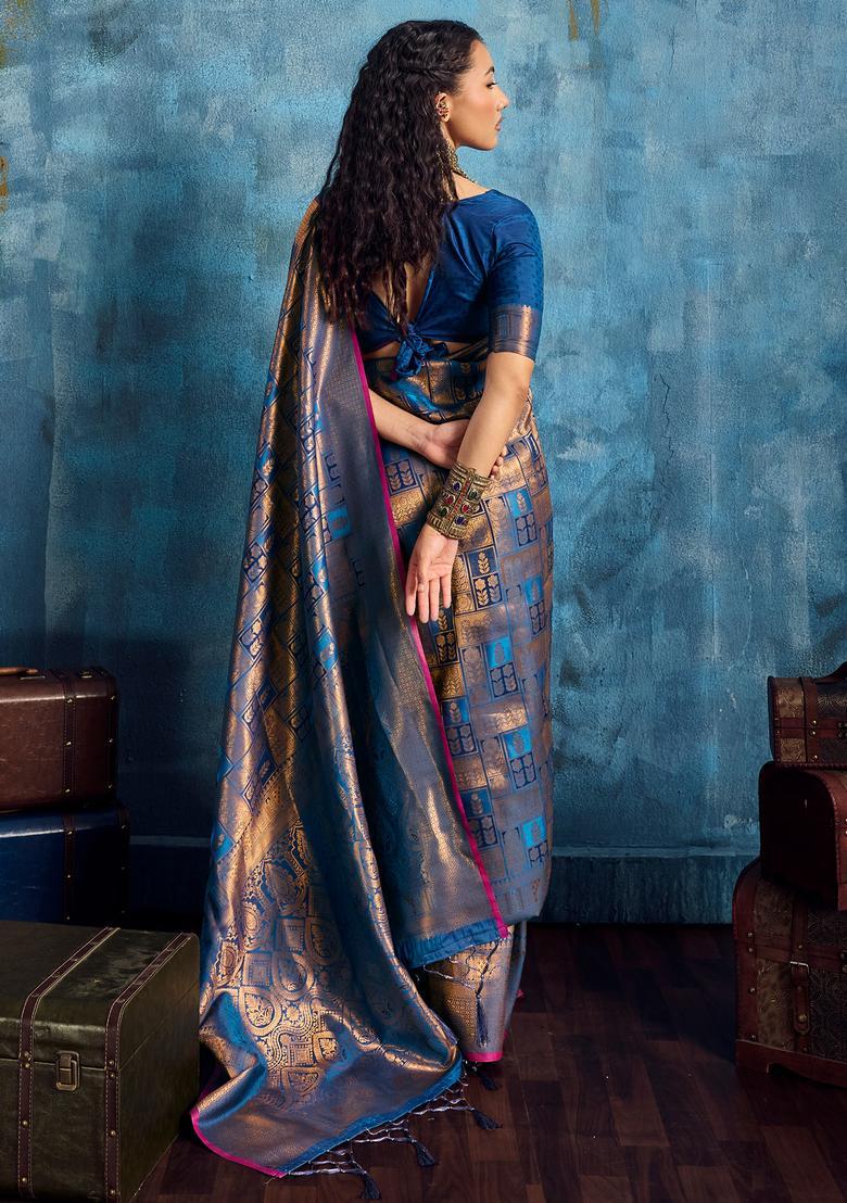 Blue Woven Design Silk Saree Set - Indya